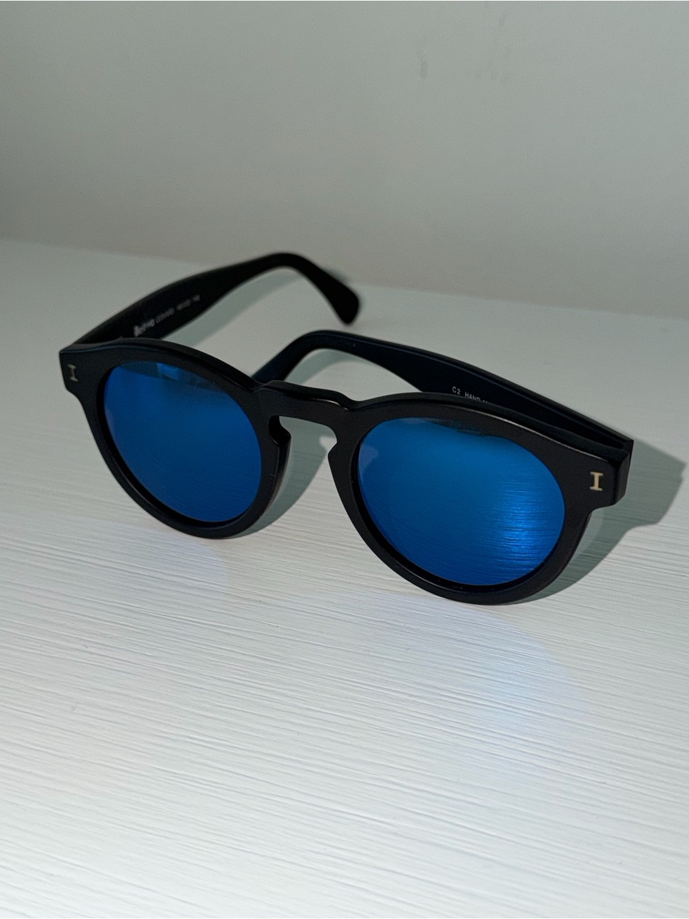 Illesteva Leonard Sunglasses Matte Black Frame Blue Mirrored Lens Italy